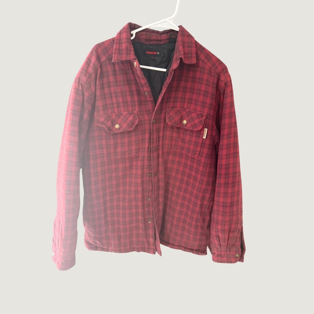 Wolverine Mens Red Black Plaid Quilted Lined Flannel Snap Front Shirt Jacket L